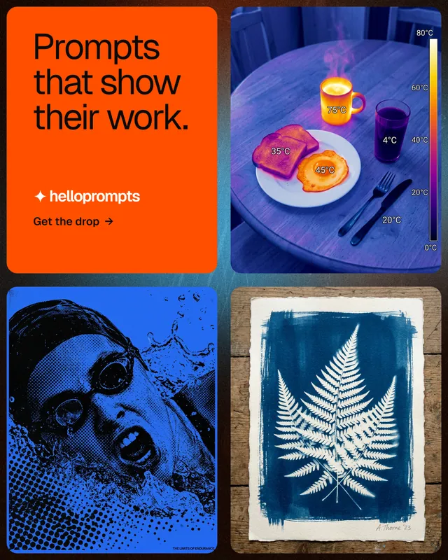 Instagram portrait post for HelloPrompts: "Prompts that show their work." Agentic glass style, collage layout, dark palette in blue, red, grey.