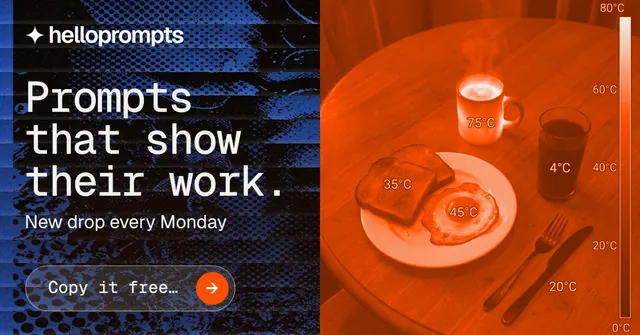 Social ad for HelloPrompts: "Prompts that show their work." Agentic glass style, bottom layout, dark palette in black, orange, red.