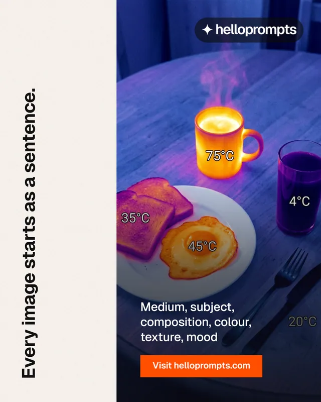 Instagram portrait post for HelloPrompts: "Every image starts as a sentence." Swiss style, vertical layout, light palette in white, purple, blue.