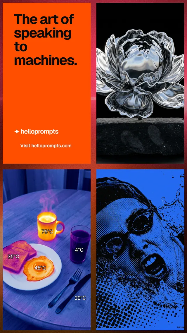 Instagram story for HelloPrompts: "The art of speaking to machines." Swiss style, collage layout, dark palette in blue, black, red.