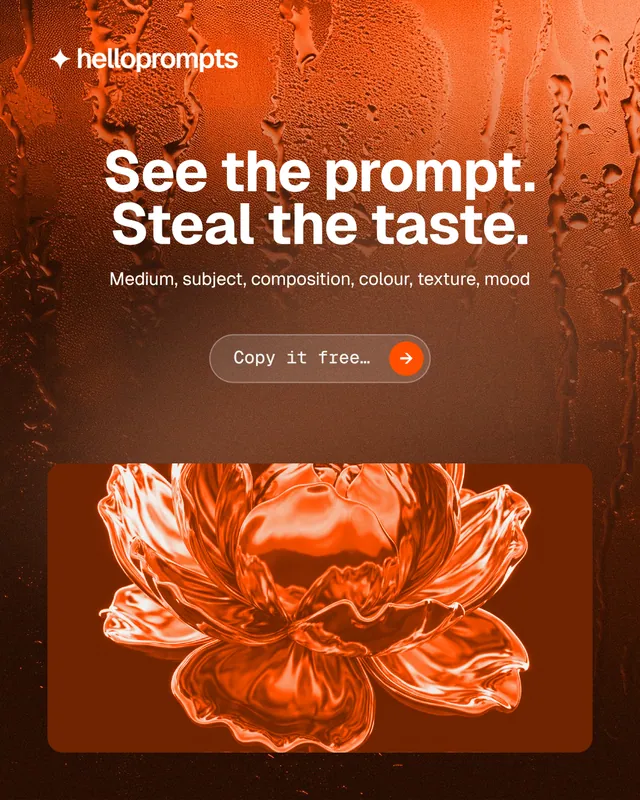 Instagram portrait post for HelloPrompts: "See the prompt. Steal the taste." Agentic glass style, centred layout, dark palette in orange.