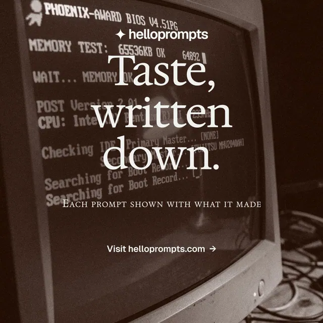 Instagram post for HelloPrompts: "Taste, written down." Editorial style, smallcaps layout, dark palette in orange, grey, black.