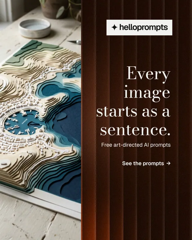 Instagram portrait post for HelloPrompts: "Every image starts as a sentence." Minimal luxury style, right layout, dark palette in grey, black, orange.