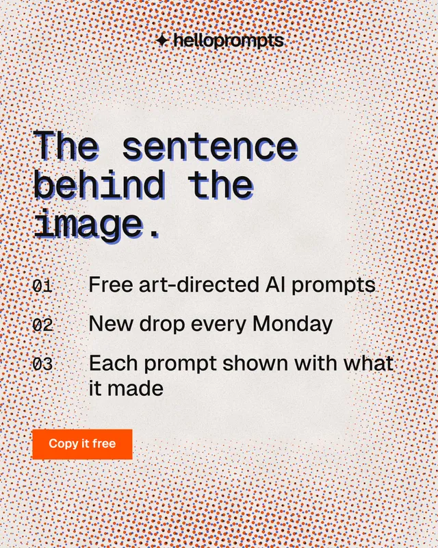 Instagram portrait post for HelloPrompts: "The sentence behind the image." Swiss style, numbered layout, light palette in red, orange, grey.
