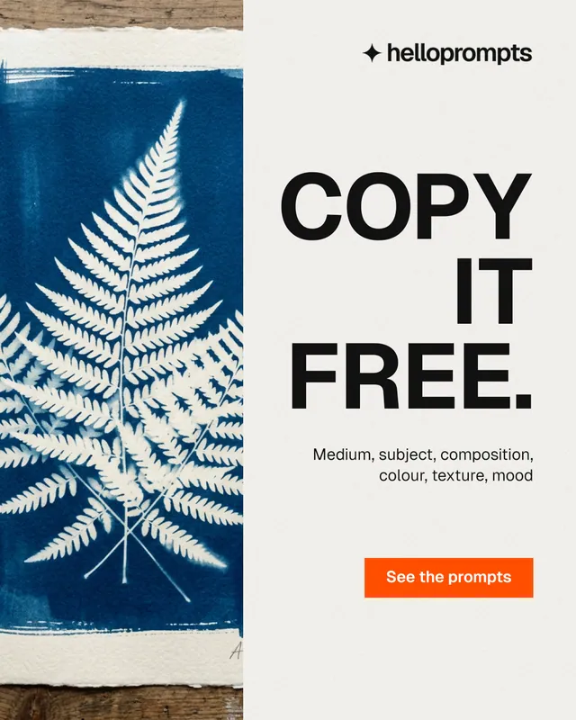 Instagram portrait post for HelloPrompts: "Copy it free." Swiss style, right layout, light palette in white, blue, grey.