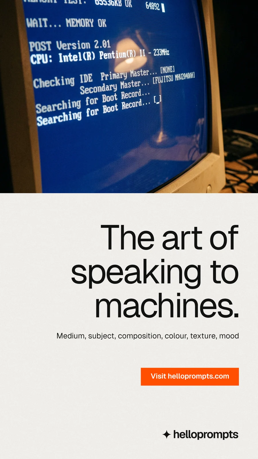 Instagram story for HelloPrompts: "The art of speaking to machines." Swiss style, right layout, light palette in white, blue, grey.