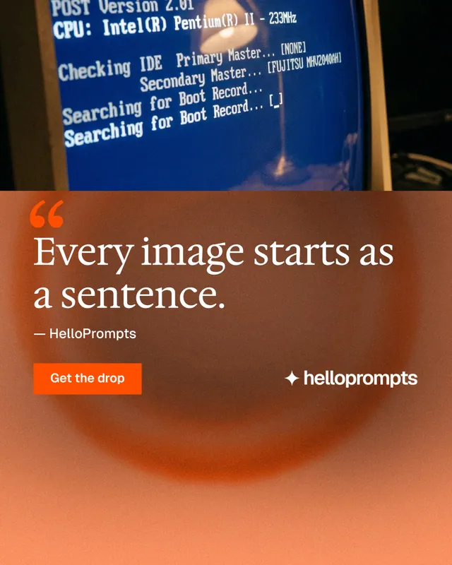 Instagram portrait post for HelloPrompts: "The art of speaking to machines." Swiss style, quote layout, dark palette in orange, blue.