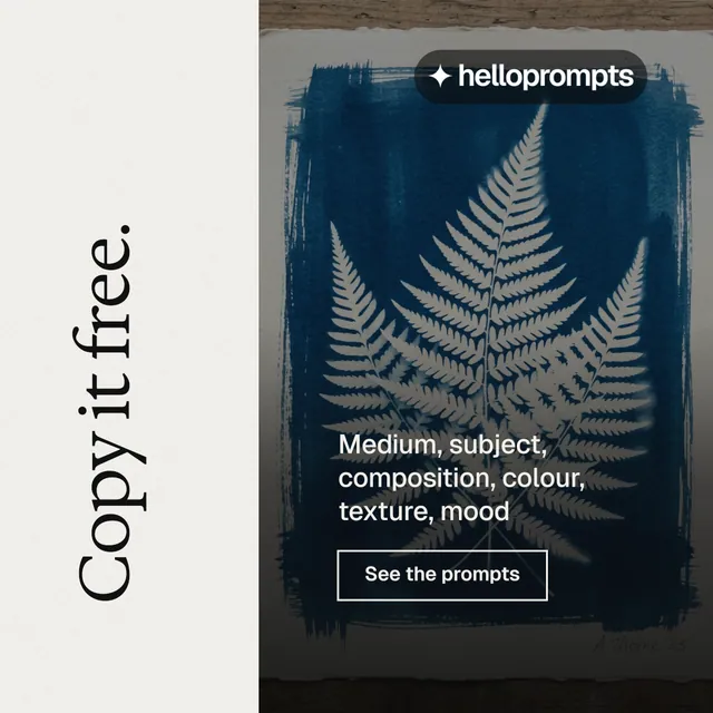 Instagram post for HelloPrompts: "Copy it free." Editorial style, vertical layout, light palette in white, grey, black.