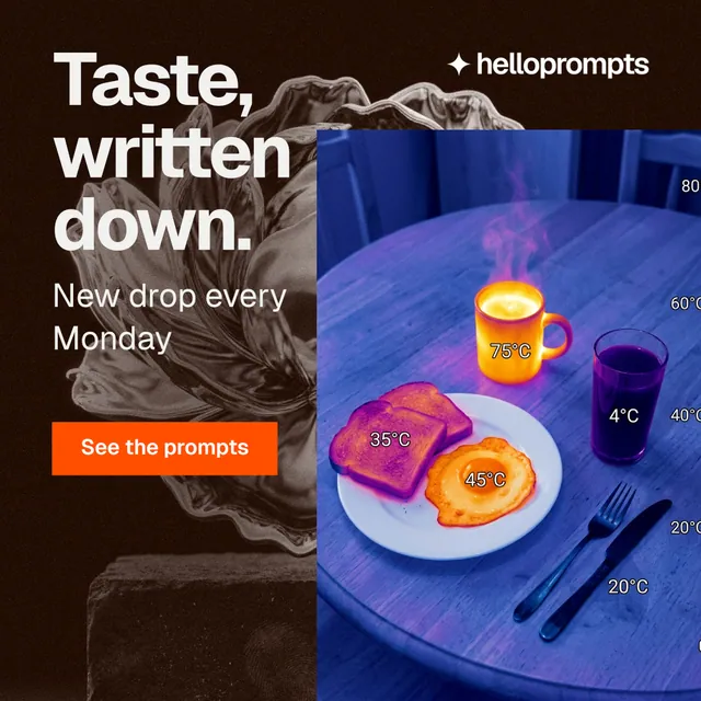 Instagram post for HelloPrompts: "Taste, written down." Swiss style, skeleton layout, dark palette in blue, black, grey.