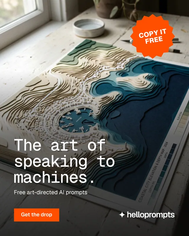 Instagram portrait post for HelloPrompts: "The art of speaking to machines." Swiss style, sticker layout, dark palette in black, grey, orange.