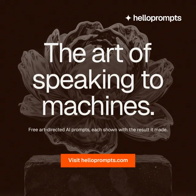 Instagram post for HelloPrompts: "The art of speaking to machines." Swiss style, centred layout, dark palette in black, orange.