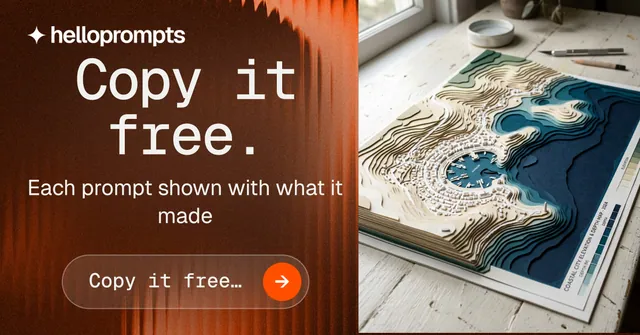 Social ad for HelloPrompts: "Copy it free." Agentic glass style, skeleton layout, dark palette in grey, orange.