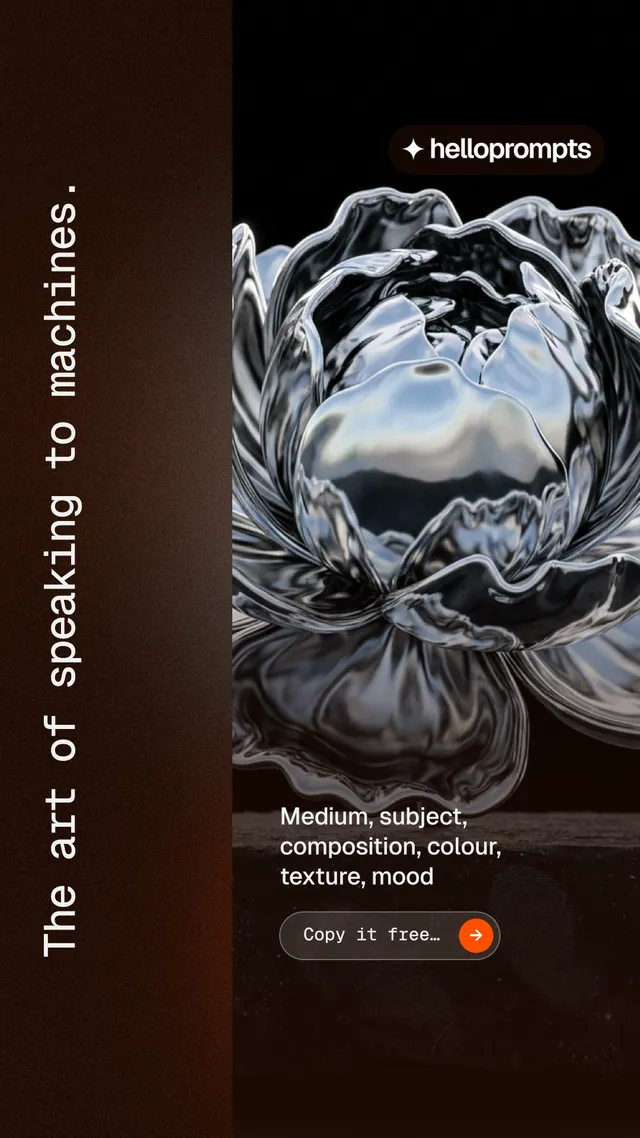 Instagram story for HelloPrompts: "The art of speaking to machines." Agentic glass style, vertical layout, dark palette in black, red, grey.