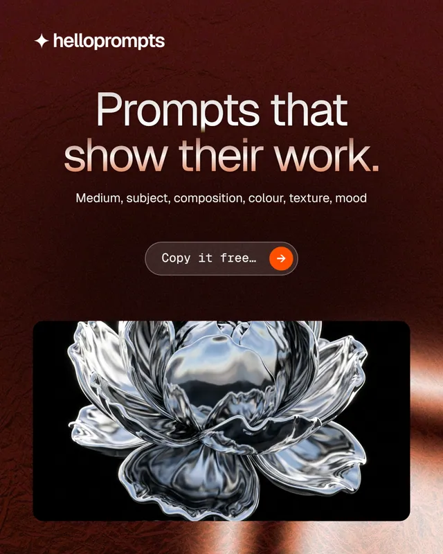 Instagram portrait post for HelloPrompts: "Prompts that show their work." Agentic glass style, centred layout, dark palette in black, red, grey.