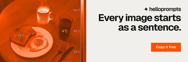 X header for HelloPrompts: "Every image starts as a sentence." Swiss style, right layout, light palette in white, orange.