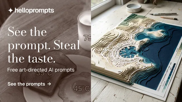 Landscape graphic for HelloPrompts: "See the prompt. Steal the taste." Minimal luxury style, bottom layout, light palette in grey, black, white.