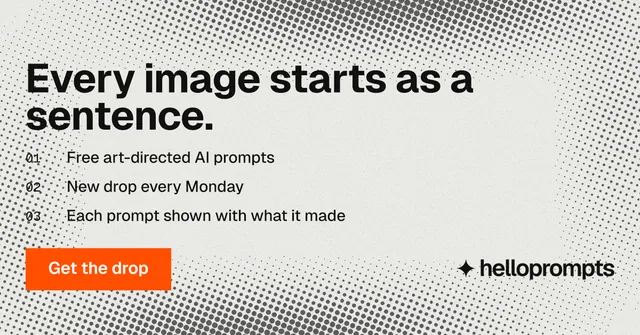 Social ad for HelloPrompts: "Every image starts as a sentence." Swiss style, numbered layout, light palette in white, grey.