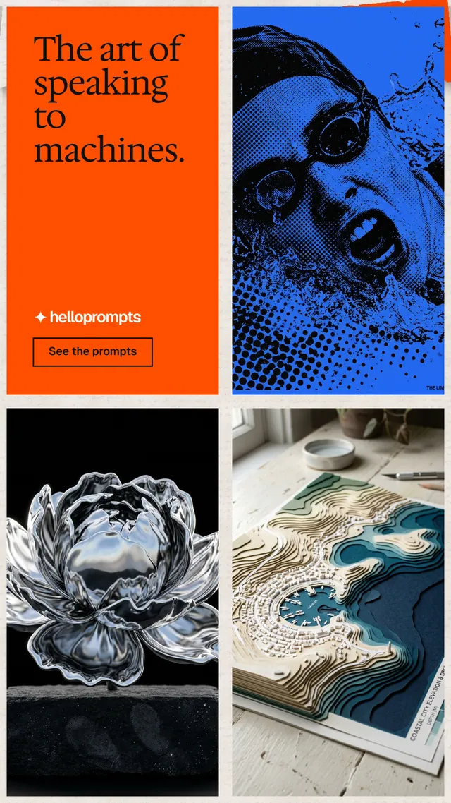 Instagram story for HelloPrompts: "The art of speaking to machines." Editorial style, collage layout, dark palette in black, red, grey.