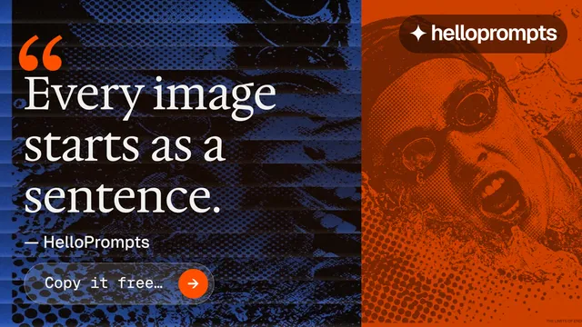 Landscape graphic for HelloPrompts: "Every image starts as a sentence." Agentic glass style, quote layout, dark palette in black, orange, grey.