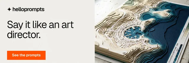 X header for HelloPrompts: "Say it like an art director." Swiss style, bottom layout, light palette in white, grey, orange.