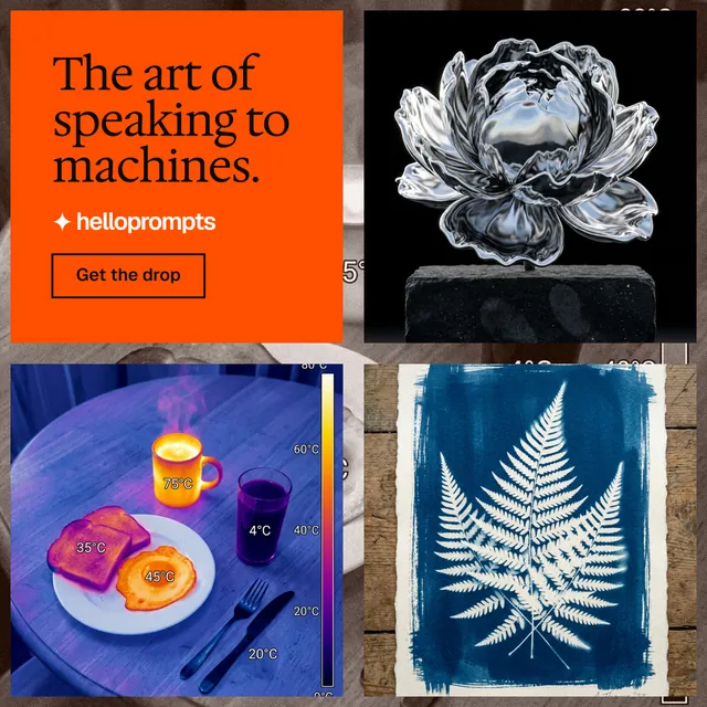 Instagram post for HelloPrompts: "The art of speaking to machines." Editorial style, collage layout, dark palette in black, grey, red.