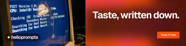 LinkedIn banner for HelloPrompts: "Taste, written down." Swiss style, right layout, dark palette in red, black, grey.