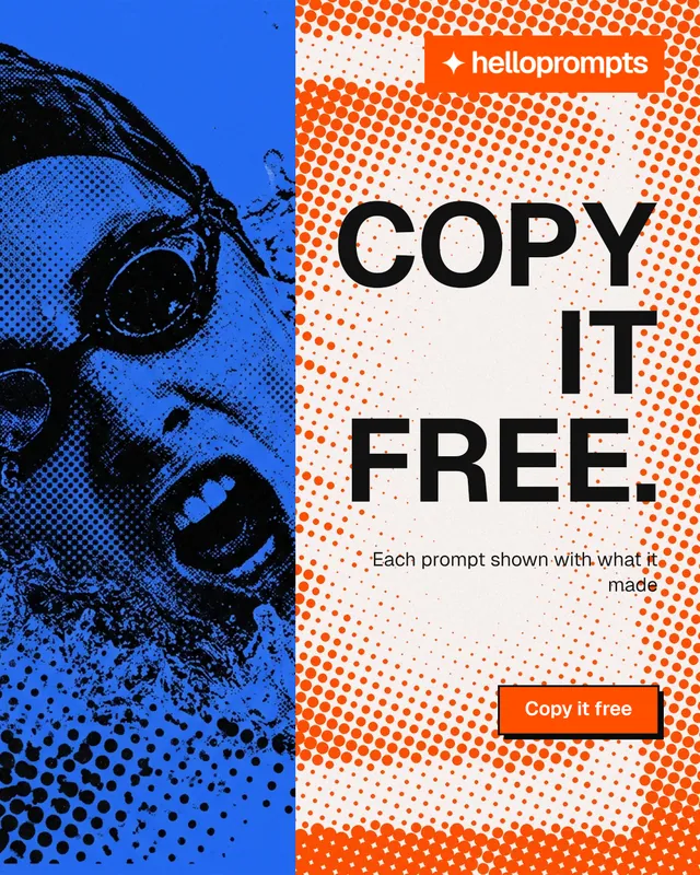 Instagram portrait post for HelloPrompts: "Copy it free." Brutalist style, right layout, light palette in orange, blue.