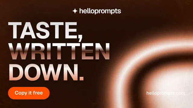 Landscape graphic for HelloPrompts: "Taste, written down." Y2K style, poster layout, dark palette in orange, black.
