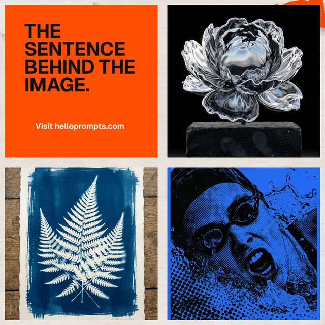 Instagram post for HelloPrompts: "The sentence behind the image." Swiss style, collage layout, dark palette in black, red, grey.