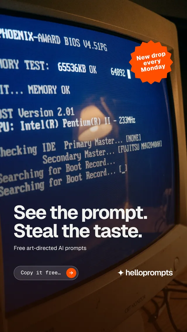 Instagram story for HelloPrompts: "See the prompt. Steal the taste." Agentic glass style, sticker layout, dark palette in black, blue, grey.