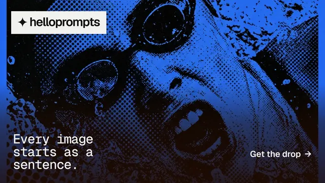 Landscape graphic for HelloPrompts: "Every image starts as a sentence." Swiss style, image led layout, dark palette in black, blue.