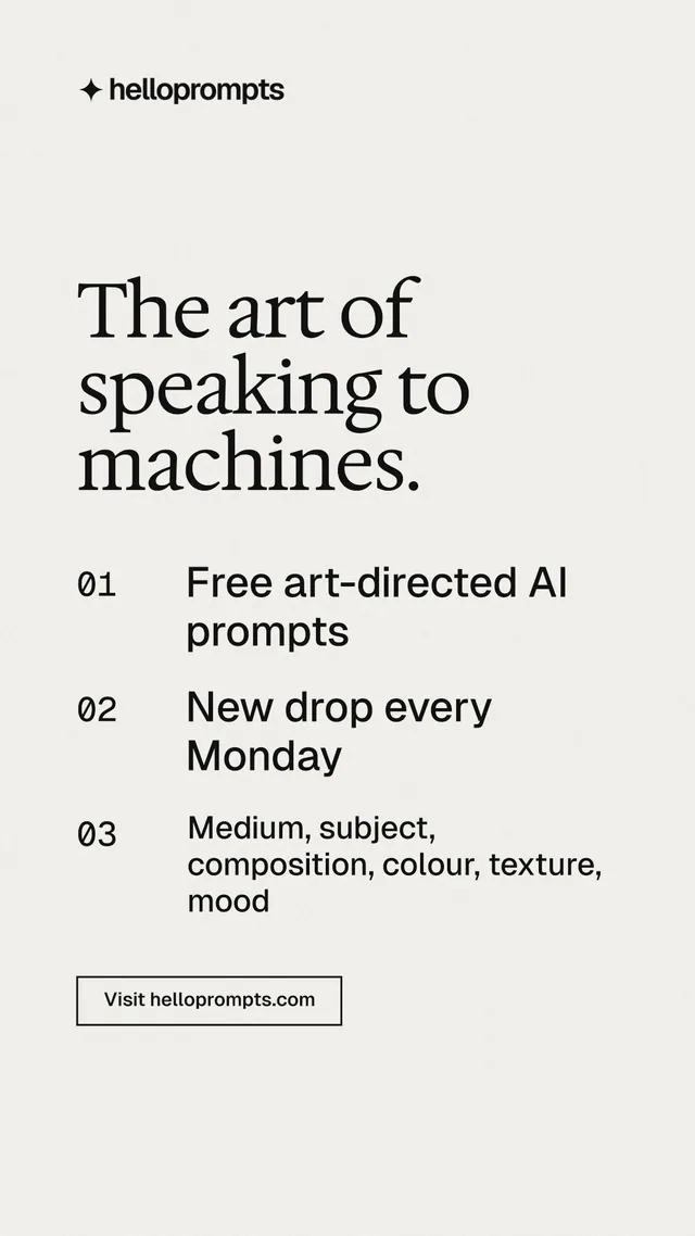 Instagram story for HelloPrompts: "The art of speaking to machines." Editorial style, numbered layout, light palette in white, grey.