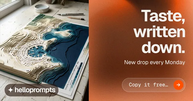 Social ad for HelloPrompts: "Taste, written down." Agentic glass style, right layout, light palette in orange, grey, brown.