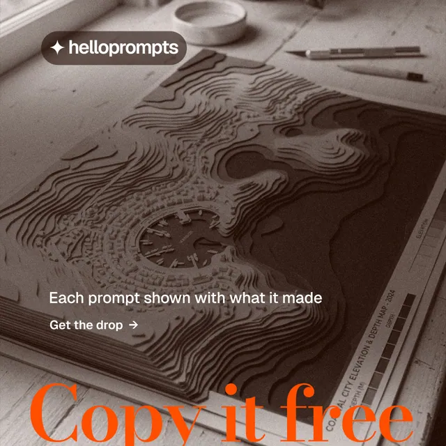 Instagram post for HelloPrompts: "The sentence behind the image." Minimal luxury style, oversized layout, dark palette in orange, grey.