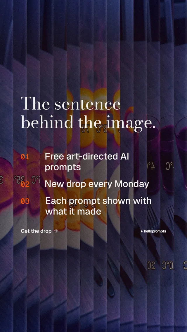 Instagram story for HelloPrompts: "The sentence behind the image." Minimal luxury style, numbered layout, dark palette in purple, blue, black.