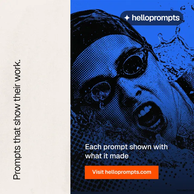 Instagram post for HelloPrompts: "Prompts that show their work." Swiss style, vertical layout, light palette in black, blue, white.