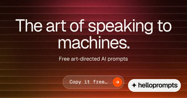 Social ad for HelloPrompts: "The art of speaking to machines." Agentic glass style, centred layout, dark palette in black, red, grey.