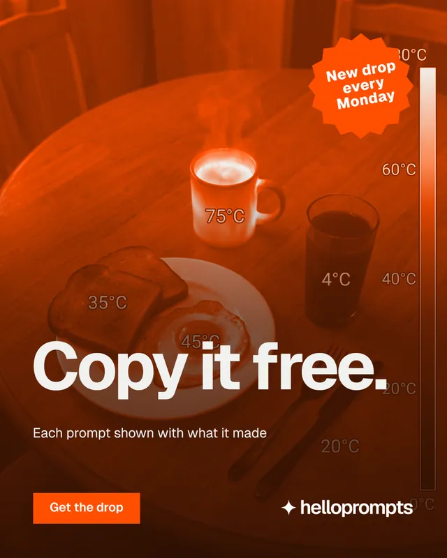 Instagram portrait post for HelloPrompts: "Copy it free." Swiss style, sticker layout, dark palette in orange.