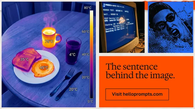Landscape graphic for HelloPrompts: "The sentence behind the image." Editorial style, collage layout, dark palette in blue, red, grey.