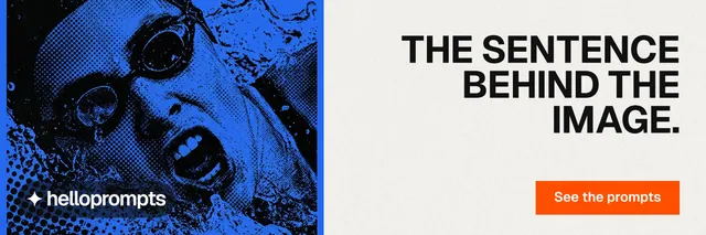 X header for HelloPrompts: "The sentence behind the image." Swiss style, right layout, light palette in blue, white, grey.