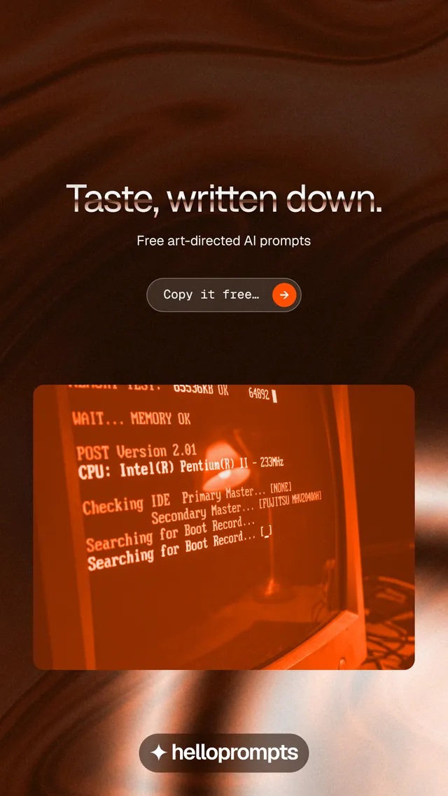 Instagram story for HelloPrompts: "Taste, written down." Agentic glass style, centred layout, dark palette in orange, black.