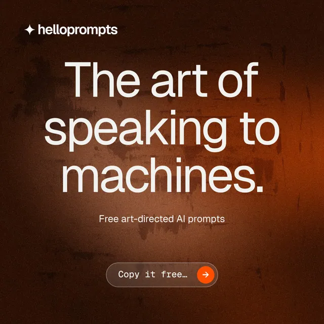 Instagram post for HelloPrompts: "The art of speaking to machines." Agentic glass style, centred layout, dark palette in orange, black.