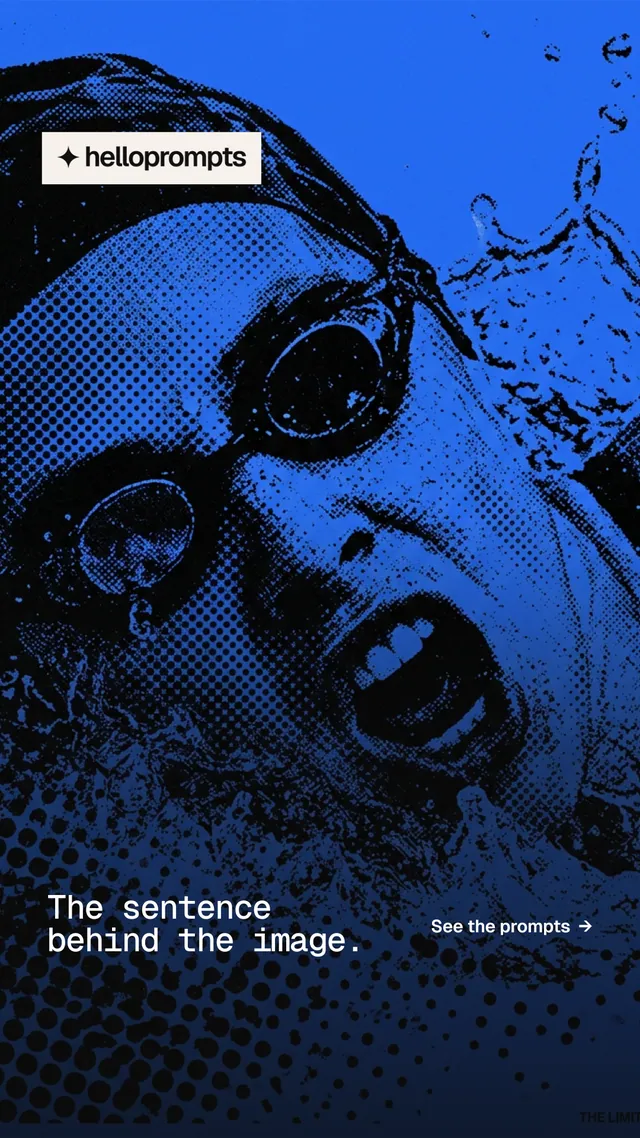 Instagram story for HelloPrompts: "The sentence behind the image." Swiss style, image led layout, dark palette in blue, black.