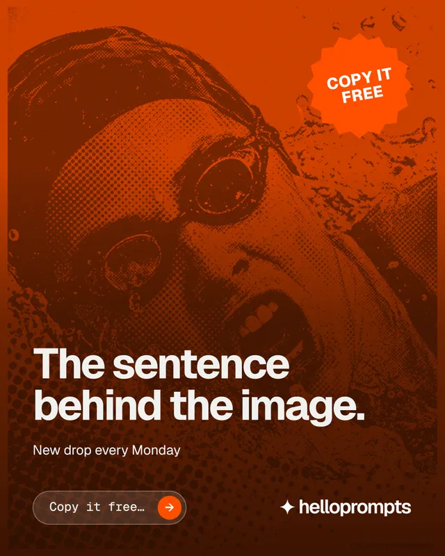 Instagram portrait post for HelloPrompts: "The sentence behind the image." Agentic glass style, sticker layout, dark palette in orange.