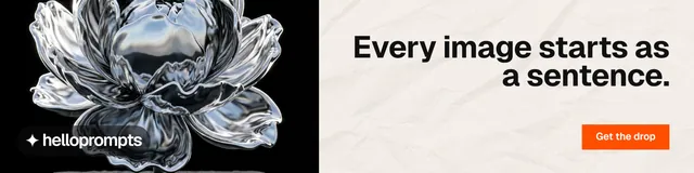 LinkedIn banner for HelloPrompts: "Every image starts as a sentence." Swiss style, right layout, light palette in grey, white, black.