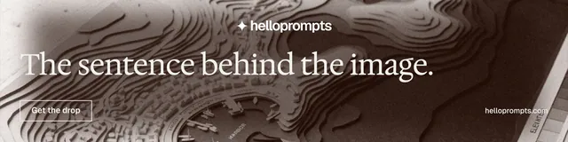 LinkedIn banner for HelloPrompts: "The sentence behind the image." Editorial style, poster layout, dark palette in orange, grey.