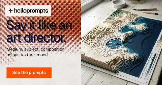 Social ad for HelloPrompts: "Say it like an art director." Swiss style, bottom layout, light palette in grey, red, white.
