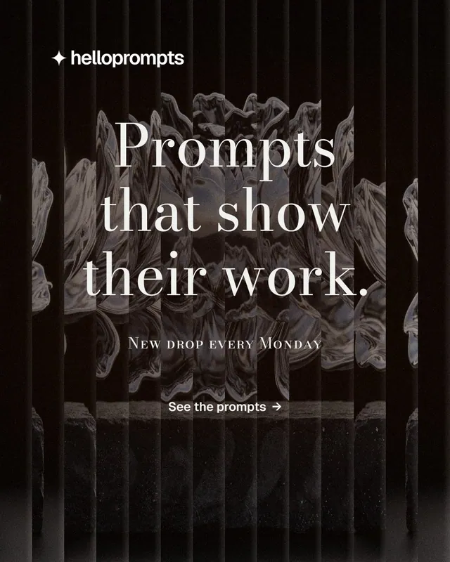 Instagram portrait post for HelloPrompts: "Prompts that show their work." Minimal luxury style, smallcaps layout, dark palette in black, grey.