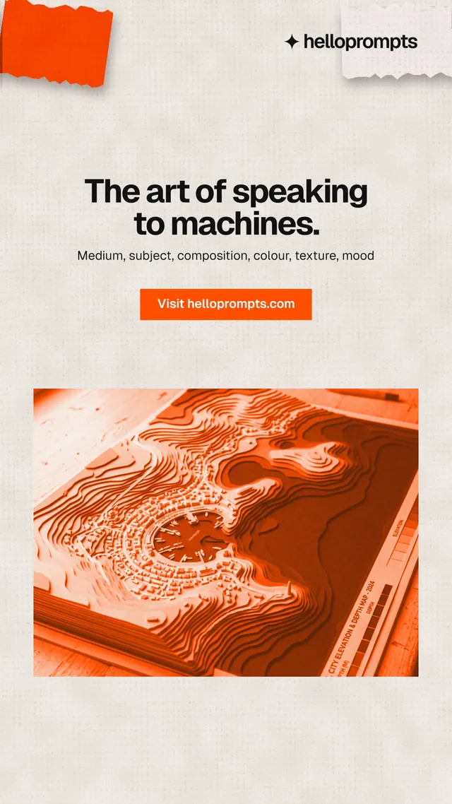 Instagram story for HelloPrompts: "The art of speaking to machines." Swiss style, centred layout, light palette in orange.