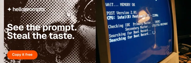 X header for HelloPrompts: "See the prompt. Steal the taste." Photo poster style, bottom layout, dark palette in orange, blue, grey.